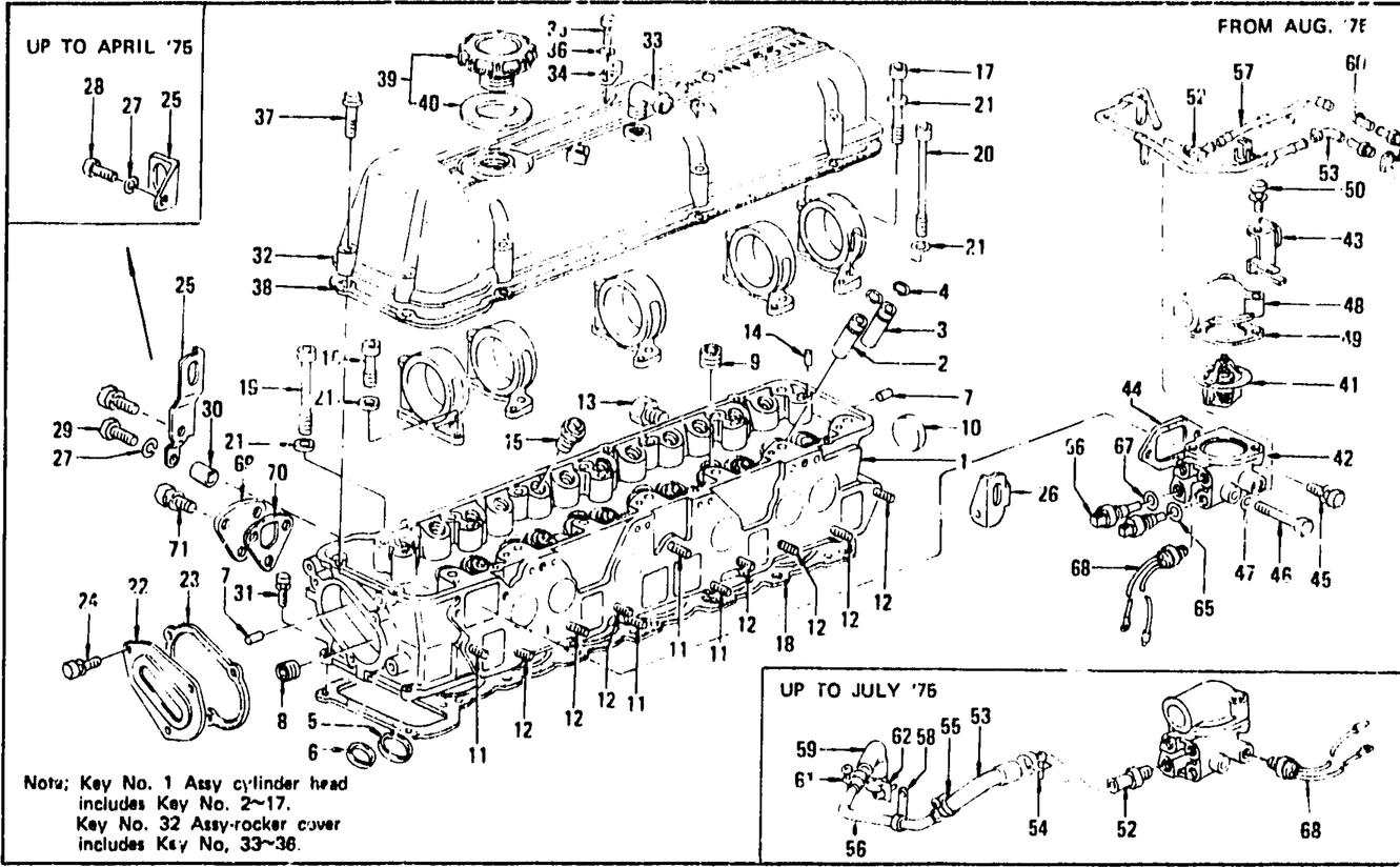 Diagram for CYLINDER HEAD. ROCKER COVER & THERMOSTAT L28E (FROM DEC. '74)