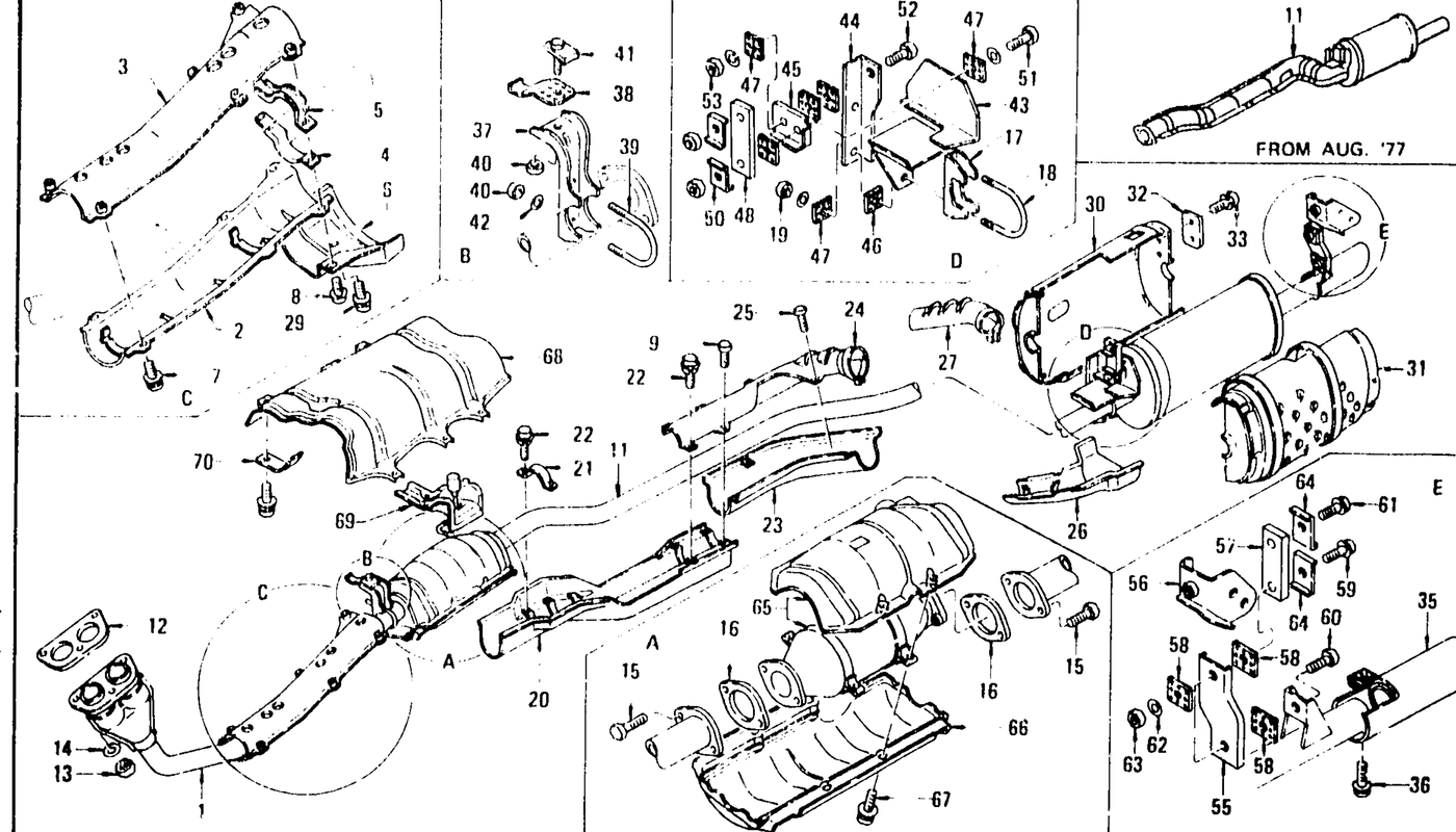 Diagram for EXHAUST TUBE. MUFFLER & CATALYST CONVERTER (CAL) L28E (FROM DEC. '74)