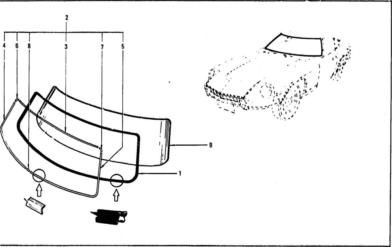 Diagram for WINDSHIELD GLASS, WEATHERSTRIP & MOULDING (UP TO JULY '73)