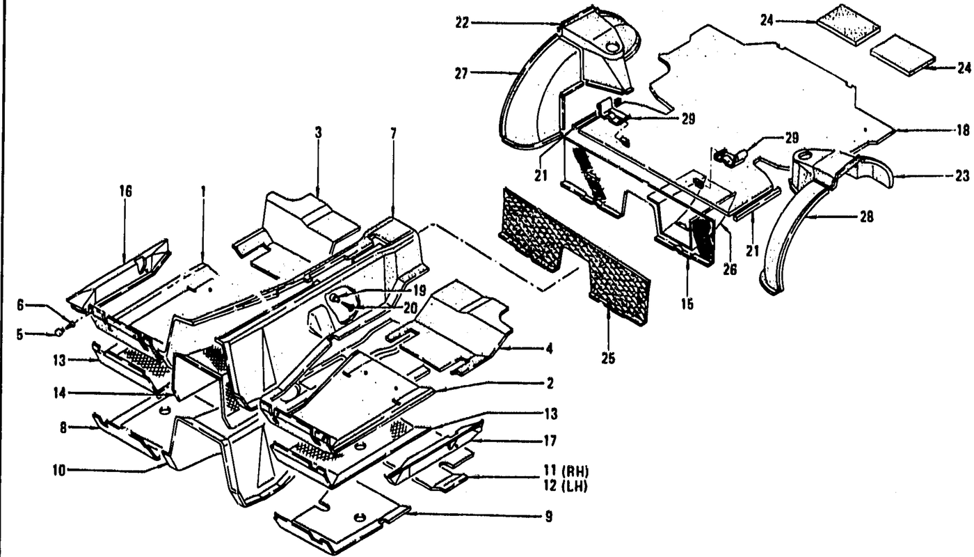 Diagram for FLOOR TRIM, MAT, INSULATOR & REAR WHEEL HOUSE TRIM (UP TO JULY '73)