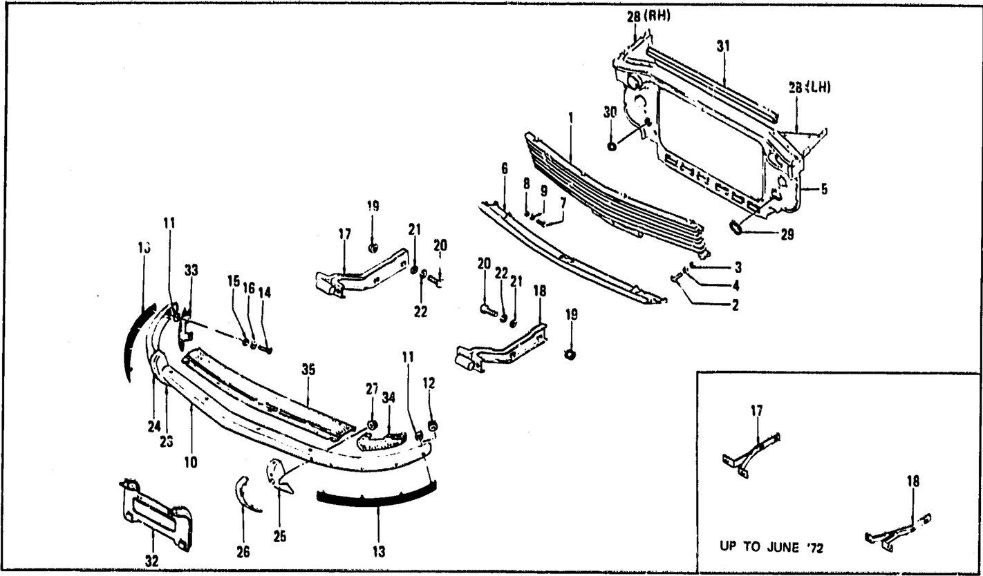 Diagram for RADIATOR GRILLE, FRONT BUMPER & OVER RIDER (UP TO JULY '73)