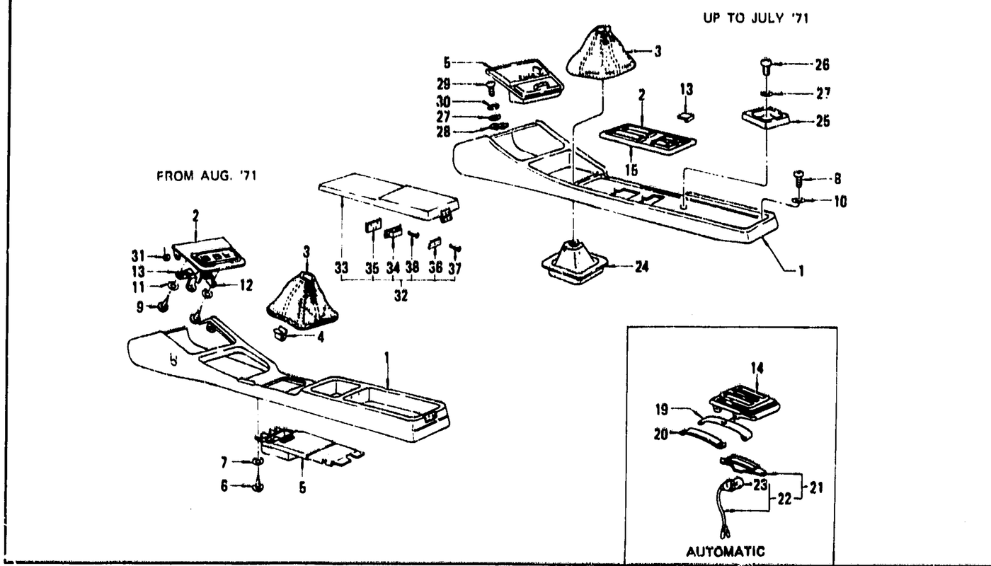 Diagram for FLOOR CONSOLE, FINISHER & ASH TRAY (UP TO JULY '73)