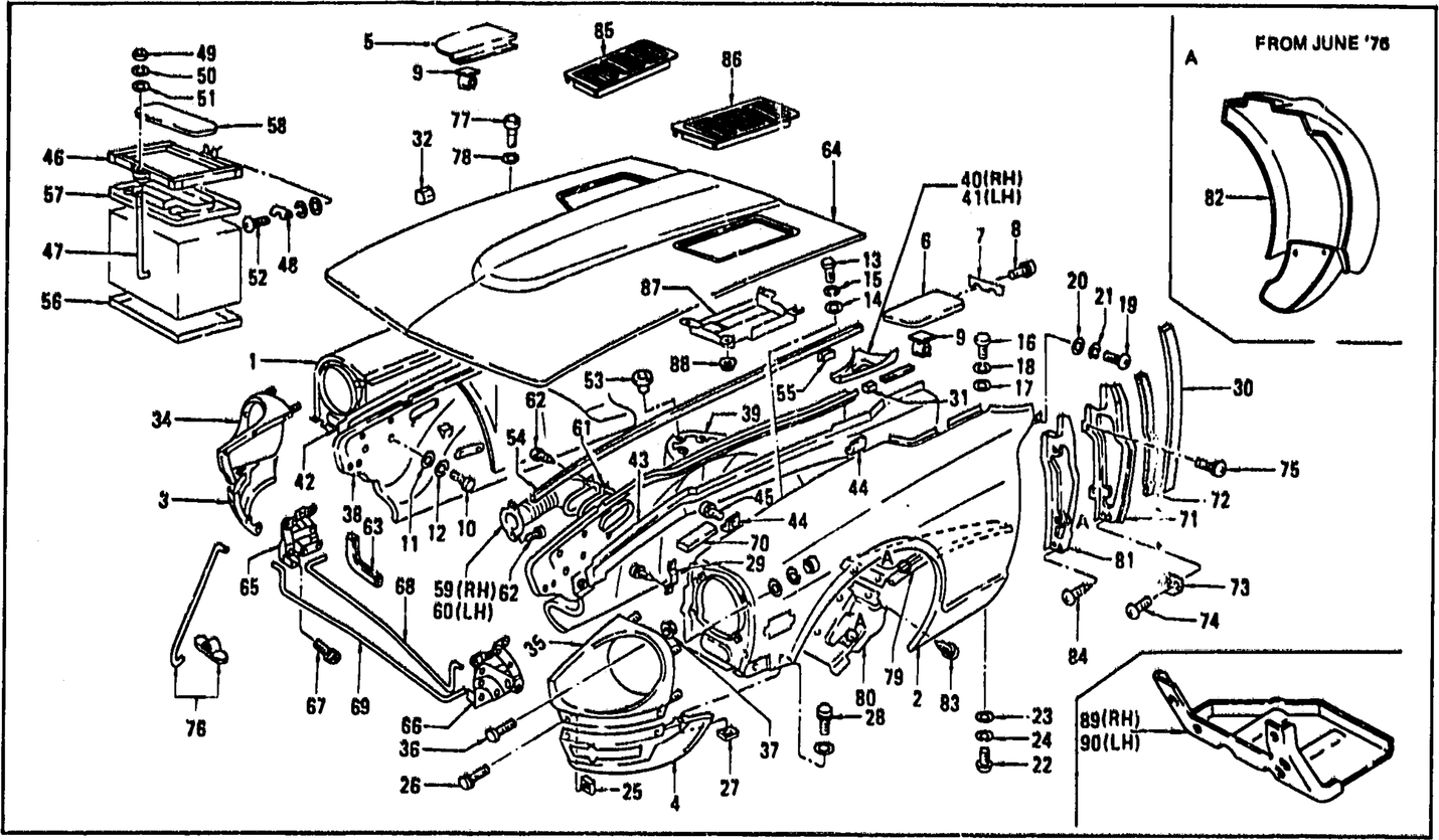 Diagram for FRONT FENDER, HOOD LEDGE & HOOD (FROM AUG.'73 2 SEATER)