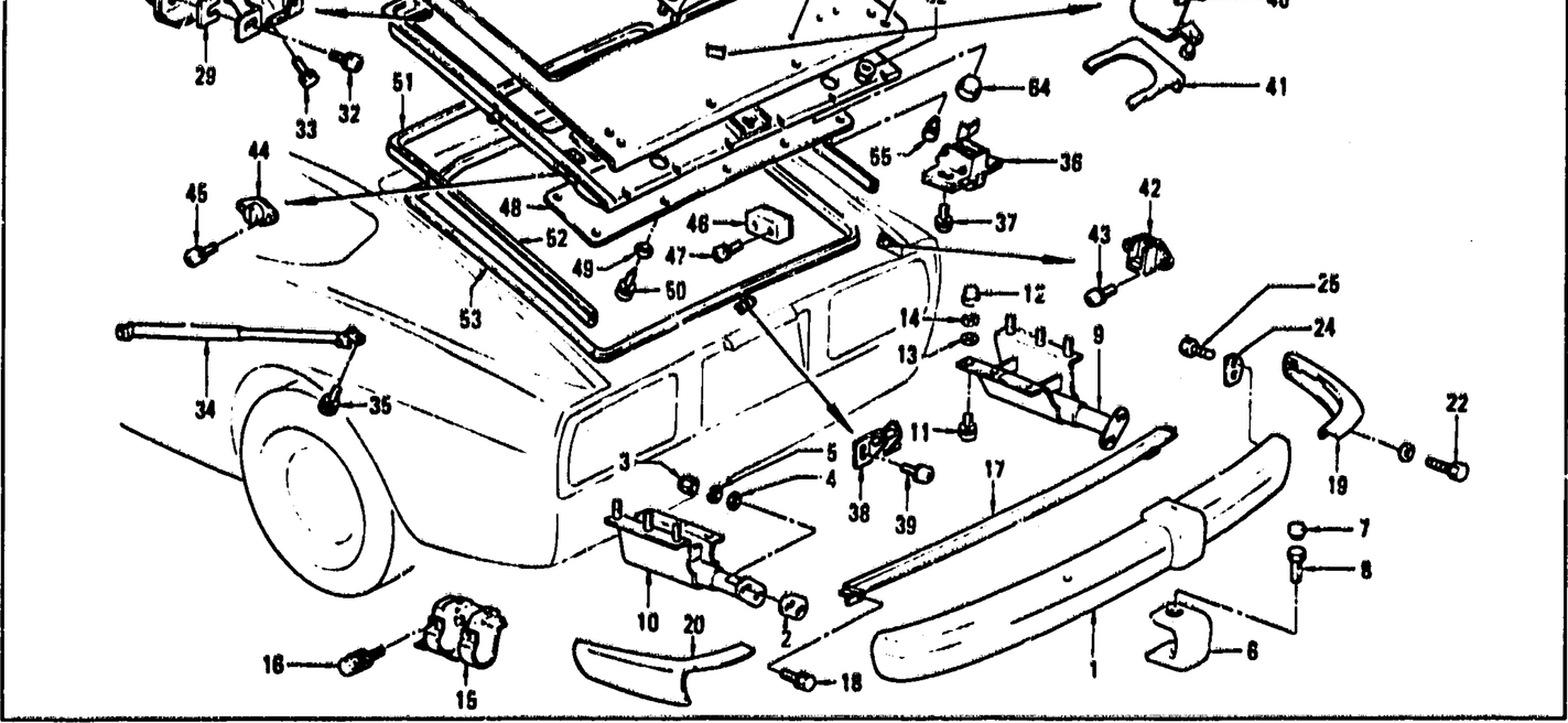 Diagram for TAIL GATE PANEL, TRIM, LOCK & REAR BUMPER (FROM AUG.'76 2 SEATER)