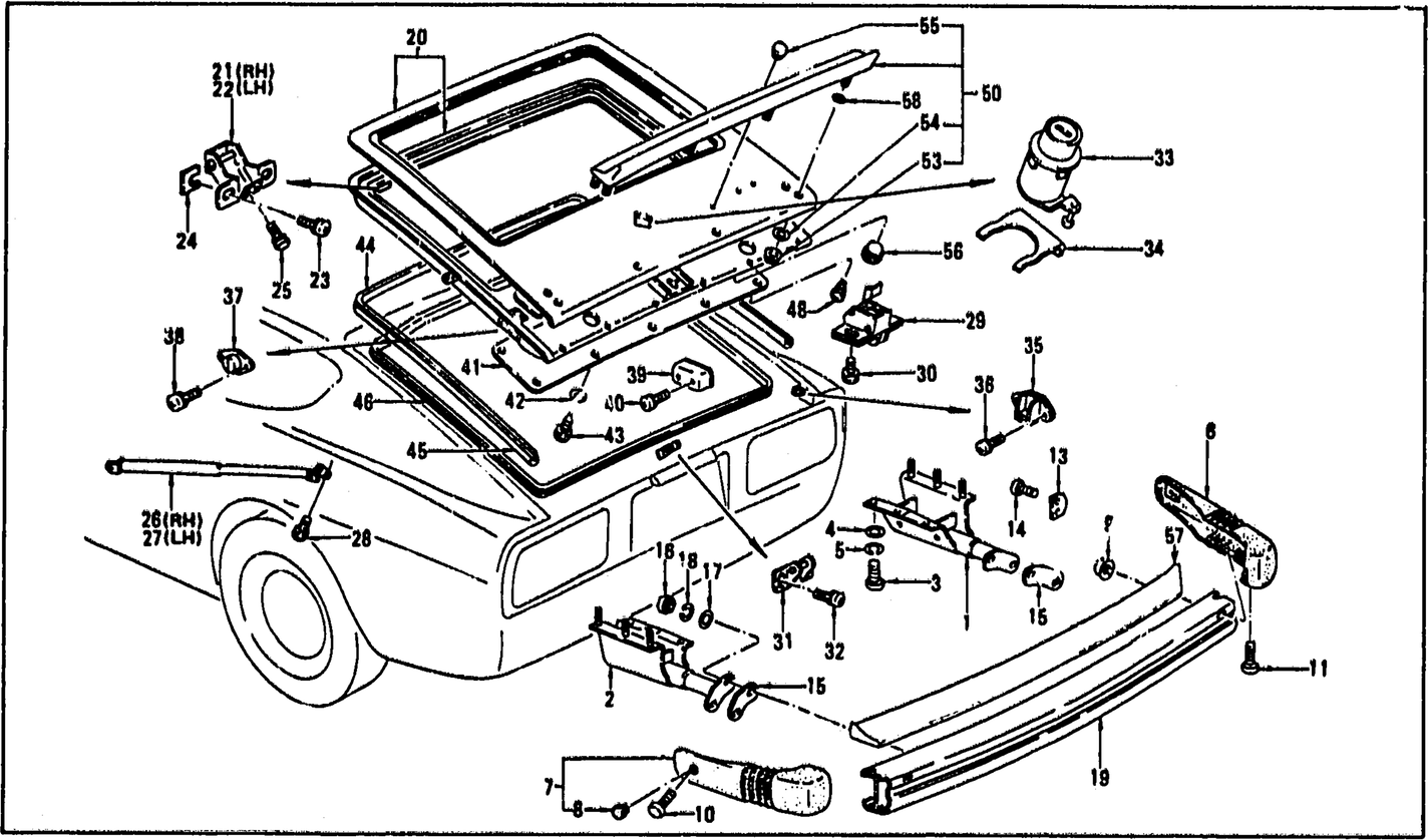 Diagram for TAIL GATE PANEL, TRIM, LOCK & REAR BUMPER (FROM AUG. ’76 2 SEATER)