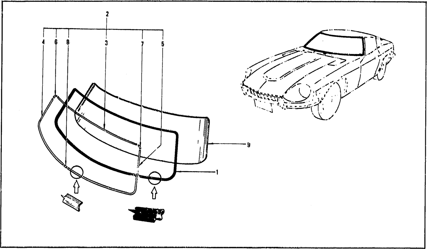 Diagram for WINDSHIELD GLASS, WEATHERSTRIP & MOULDING (FROM AUG. '73 2 SEATER)