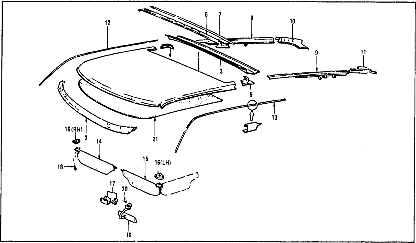 Diagram for ROOF PANEL MOULDING, SUNVISOR & HEAD LINING (FROM AUG.'73 2 SEATER)