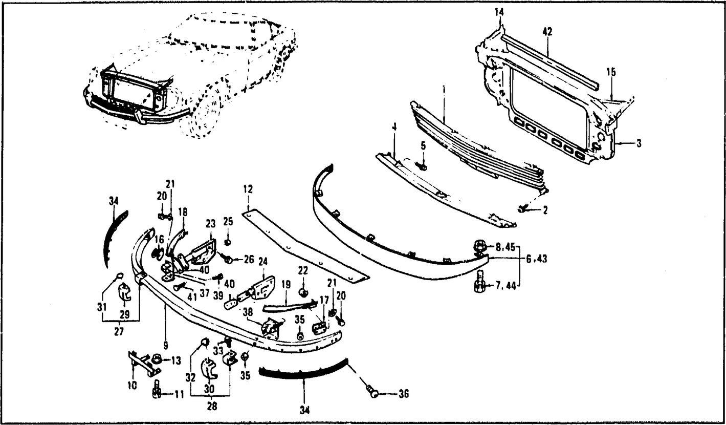 Diagram for RADIATOR GRILLE, FRONT BUMPER & OVER RIDER (FROM  AUG. '73 TO AUG. '74 2 SEATER)