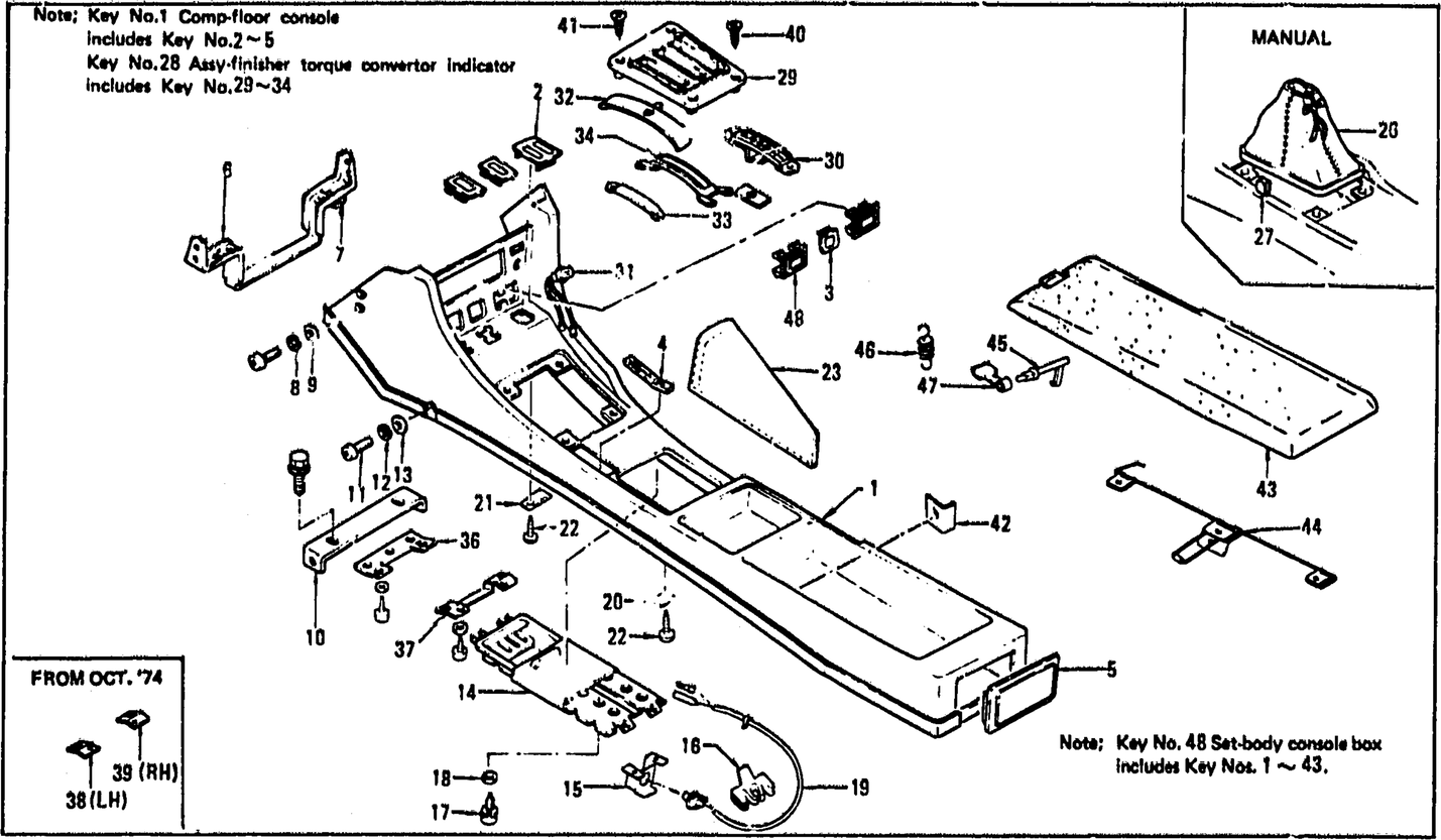 Diagram for Floor Console, Finisher & Ash Tray (From Aug. '73 2 Seater)