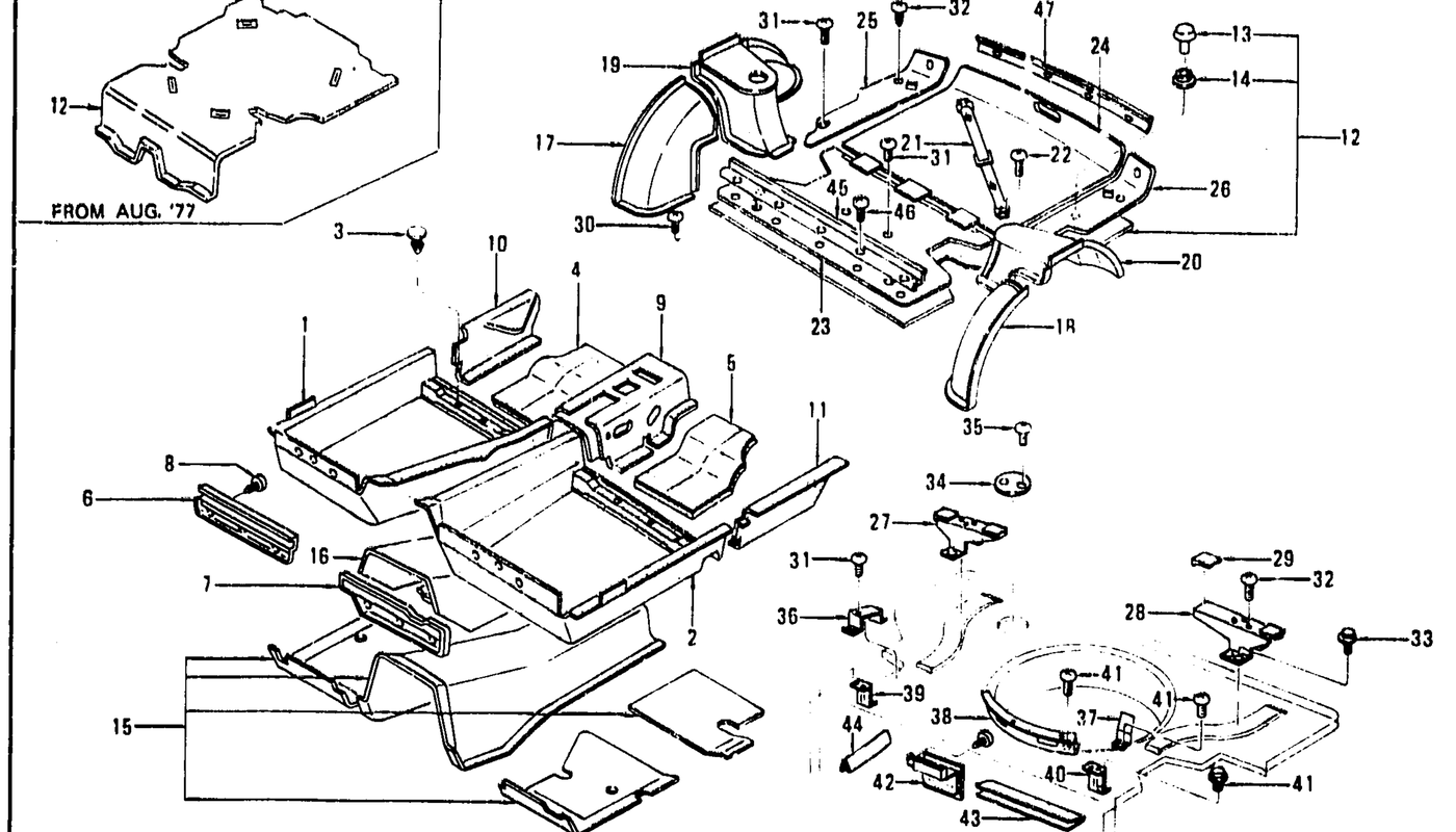 Diagram for FLOOR TRIM, INSULATOR & REAR WHEEL HOUSE TRIM (FROM AUG.'76 2 SEATER)