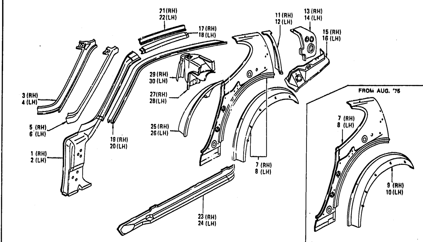 Diagram for BODY SIDE PANEL & SILL BODY (FROM AUG. '73 2 SEATER)