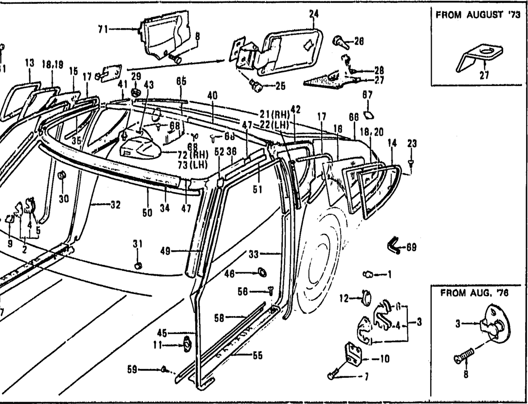 Diagram for BODY SIDE TRIM & SIDE WINDOW (FROM AUG. '73 2 SEATER)