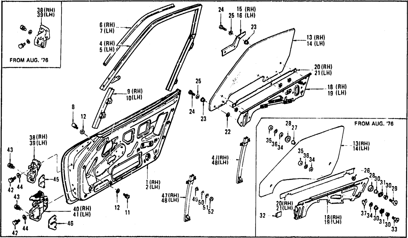 Diagram for DOOR PANEL, GLASS & HINGE (FROM AUG. '73 2 SEATER)