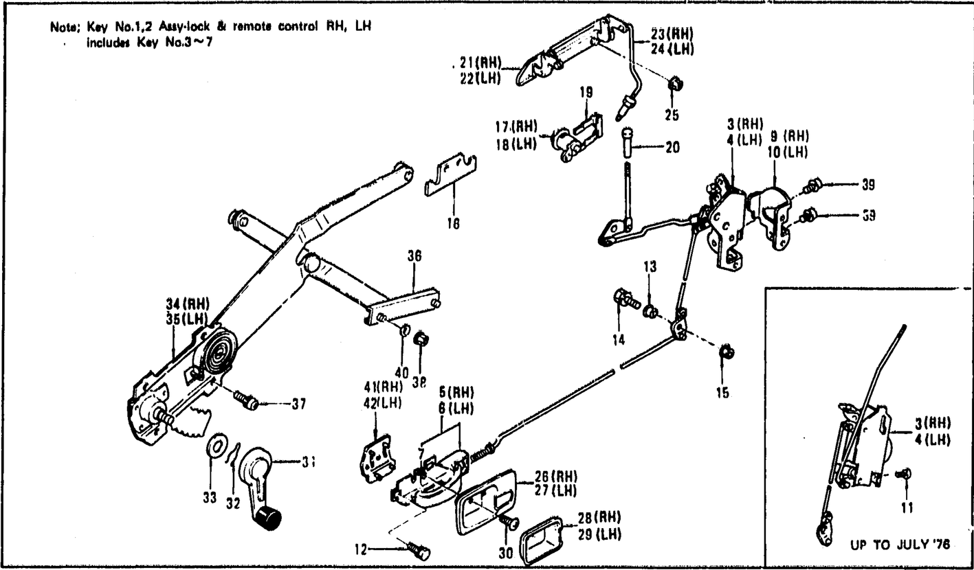 Diagram for DOOR LOCK, WINDOW REGULATOR & DOOR HANDLE (FROM AUG. '73 2 SEATER)