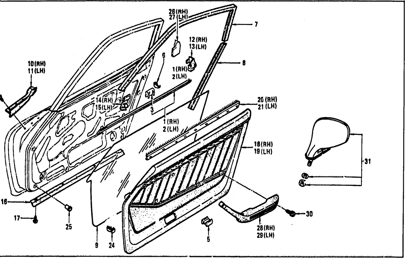 Diagram for DOOR MOULDING FINISHER, ARM REST & DOOR MIRROR (FROM AUG.'73 2 SEATER)