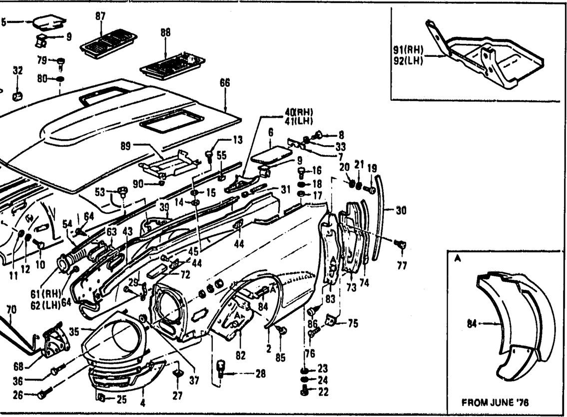 Diagram for FRONT FENDER, HOOD LEDGE & HOOD (FROM OCT. '73 2+2 SEATER)