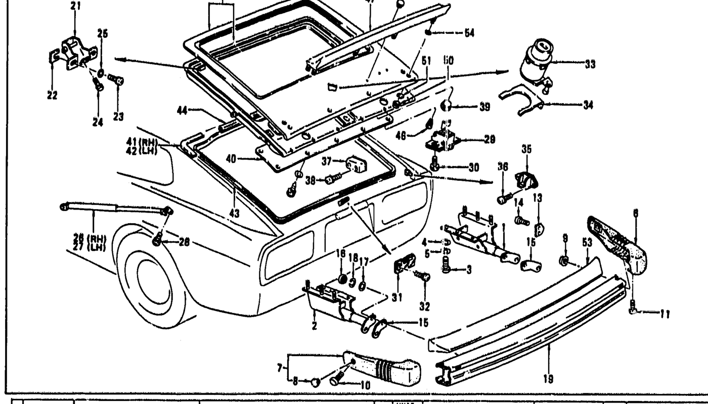 Diagram for TAIL GATE PANEL, TRIM, LOCK & REAR BUMPER (FROM AUG. '76 2+2 SEATER)