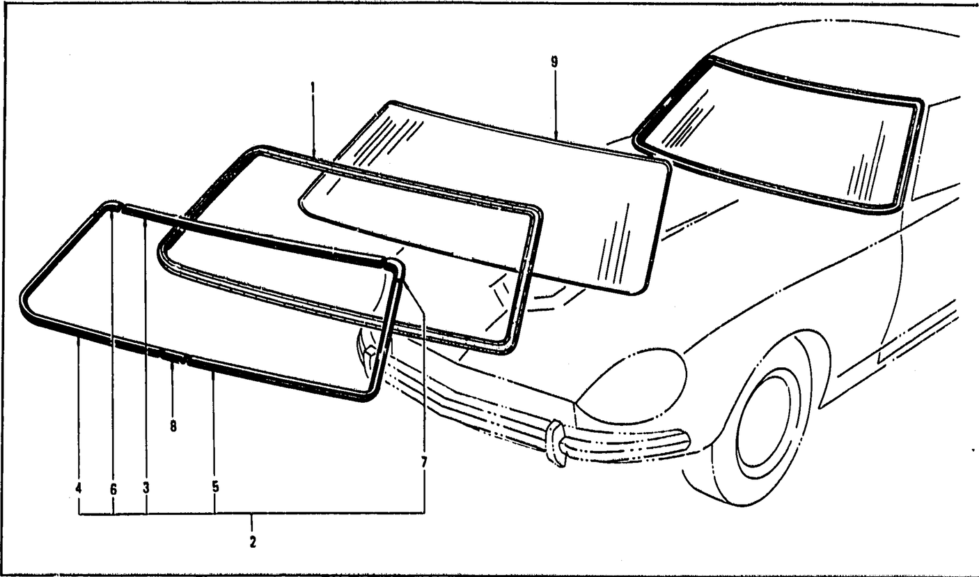 Diagram for WINDSHIELD GLASS, WEATHERSTRIP & MOULDING (FROM OCT. '73 2+2 SEATER)