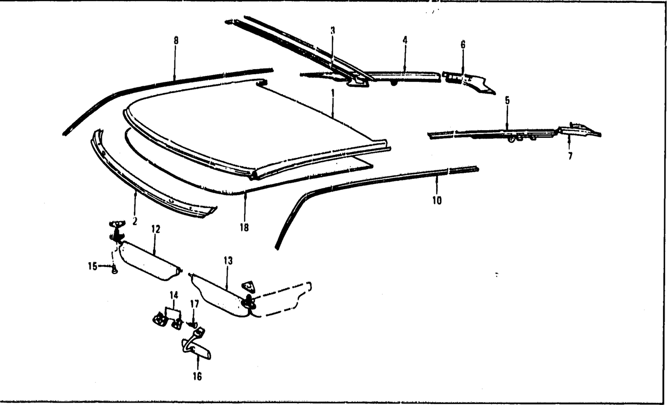 Diagram for ROOF PANEL, MOULDING, SUNVISOR & HEAD LINING (FROM OCT. '73 2+2 SEATER)