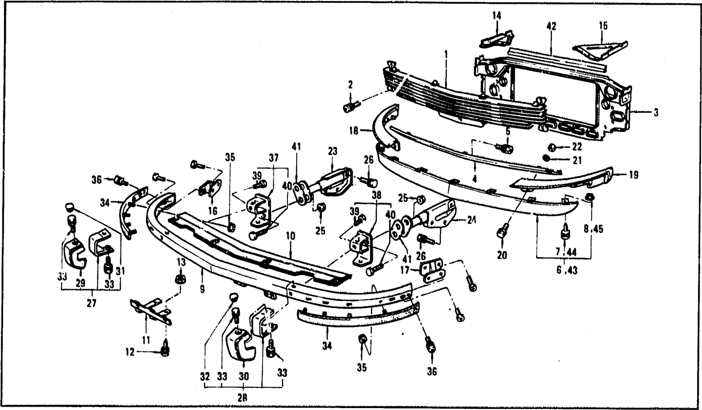 Diagram for RADIATOR GRILLE. FRONT BUMPER & OVER RIDER (UP TO AUG. '74 2+2 SEATFR)