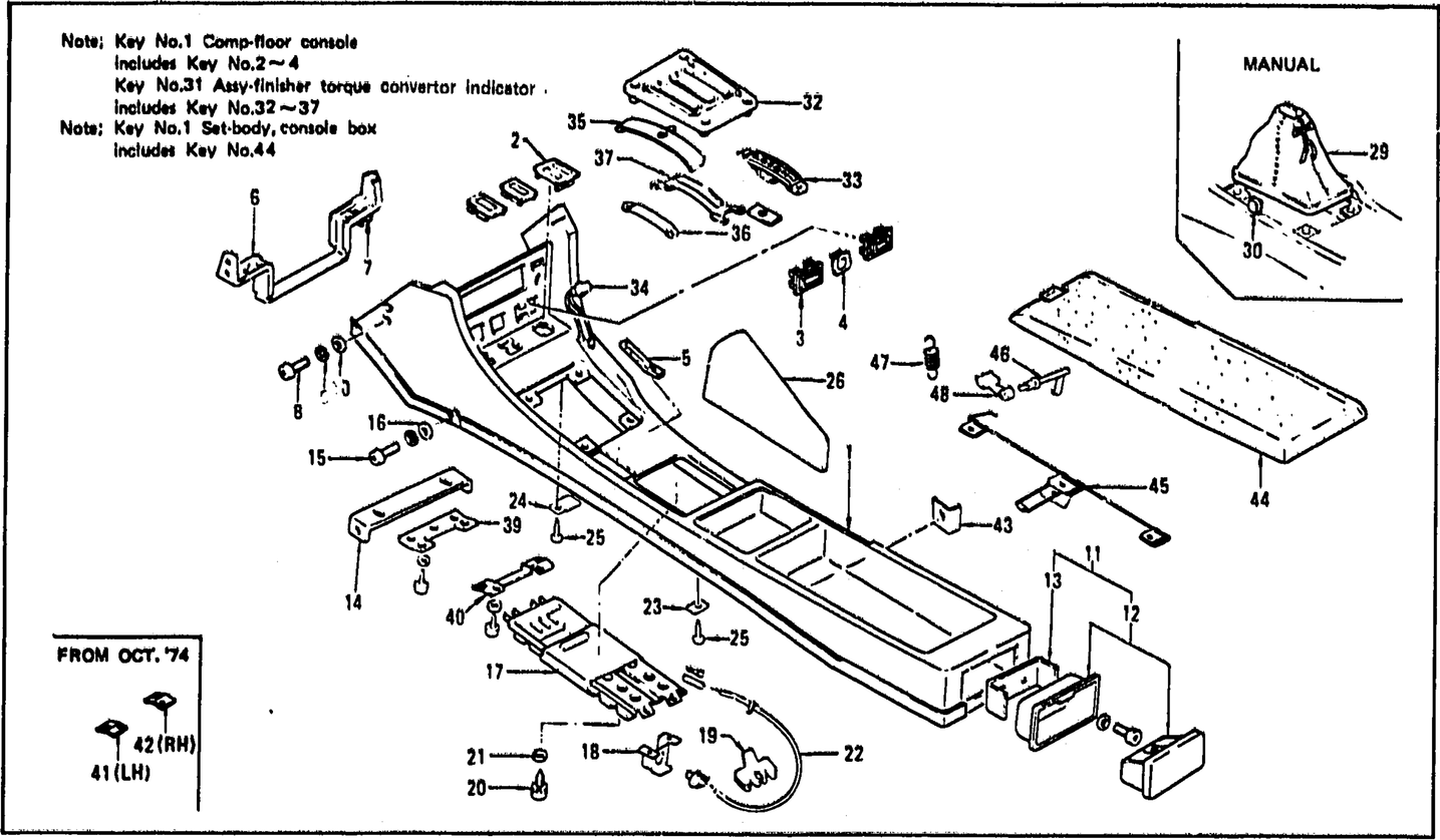 Diagram for FLOOR CONSOLE, FINISHER & ASH TRAY (FROM OCT. '73 2+2 SEATER)