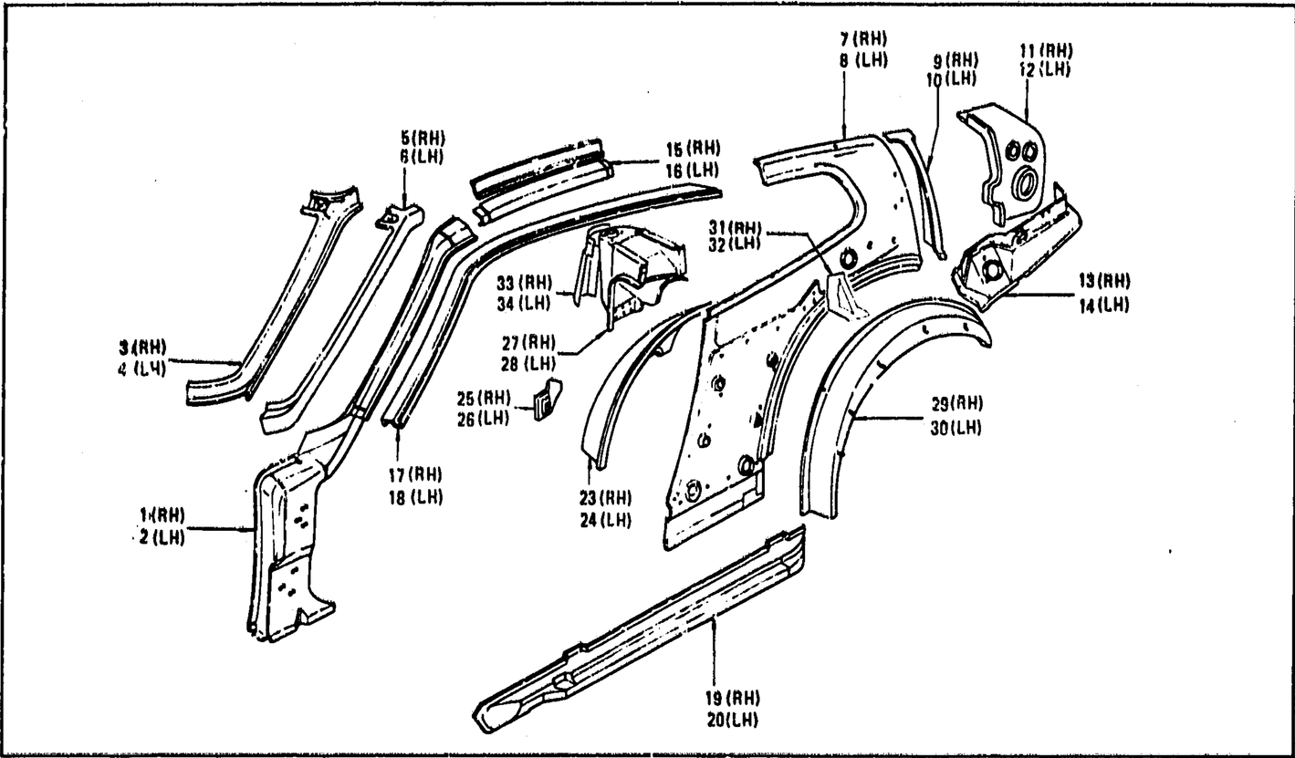 Diagram for BODY SIDE PANEL & SILL BODY (FROM OCT. '73 2+2 SEATER)