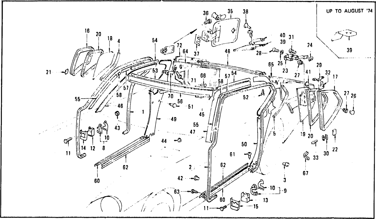 Diagram for BODY SIDE TRIM & SIDE WINDOW (FROM OCT. '73 TO JUNE '75 2+2 SEATER)