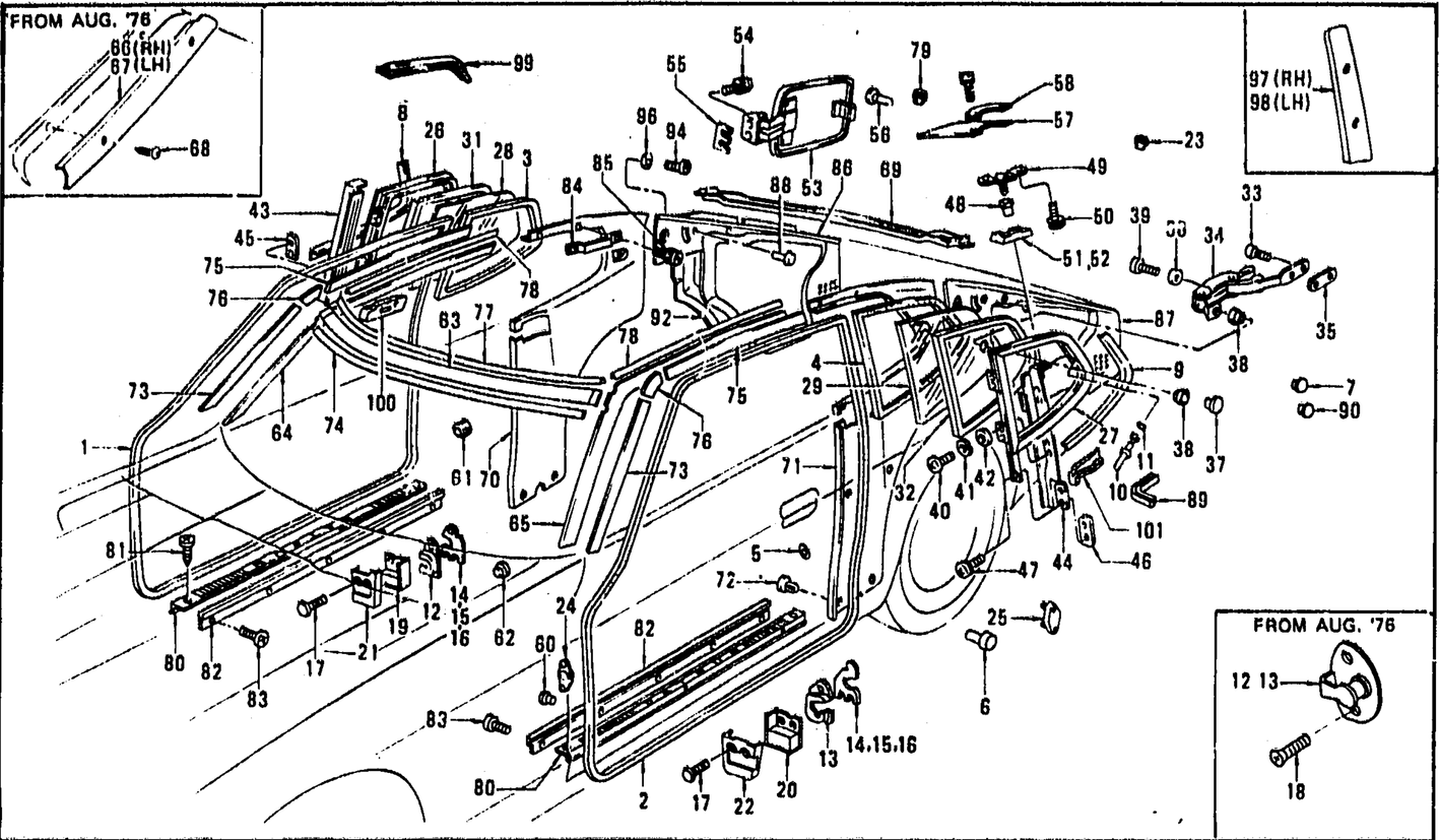 Diagram for BODY SIDE TRIM & SIDE WINDOW (FROM JULY '75 2+2 SEATER)