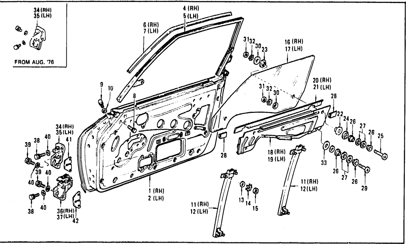 Diagram for DOOR PANEL, GLASS, HINGE (FROM OCT. '73 2+2 SEATER)