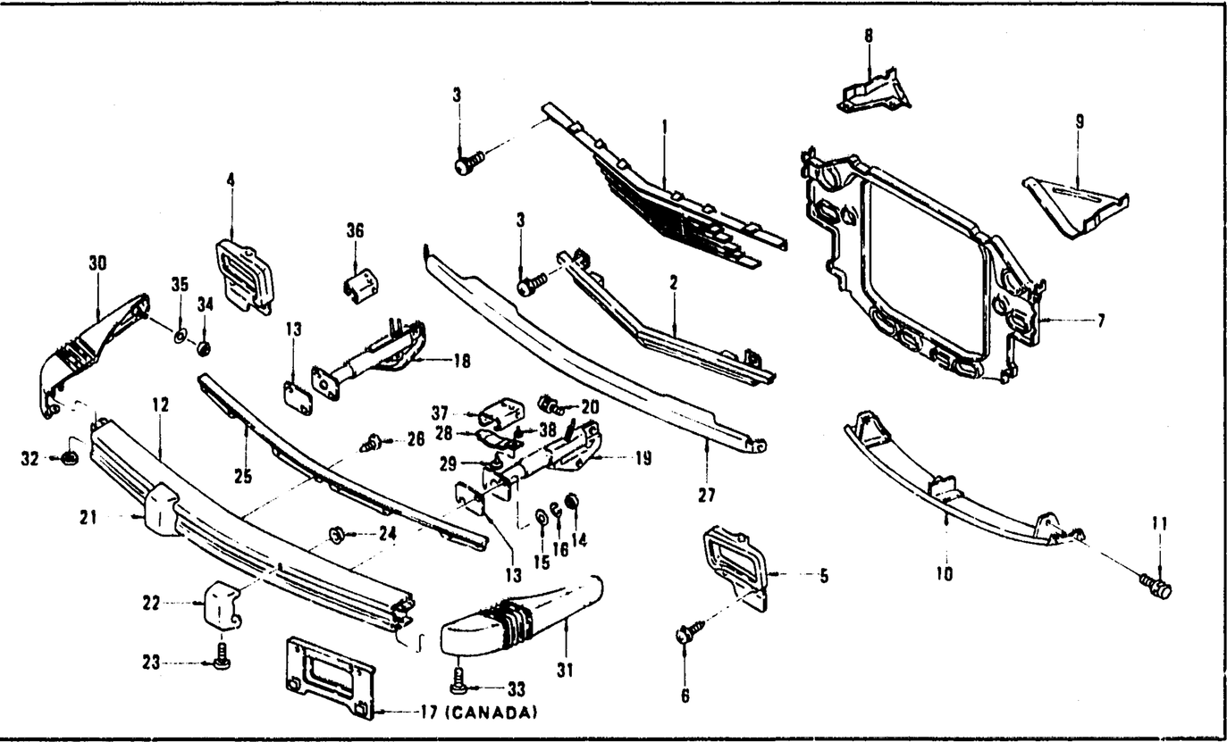 Diagram for RADIATOR GRILLE. FRONT BUMPER & OVER RIDER (FROM AUG. '76 2+2 SEATER)